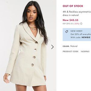 Asos 4th & Reckless asymmetrical blazer dress in tan Size 6